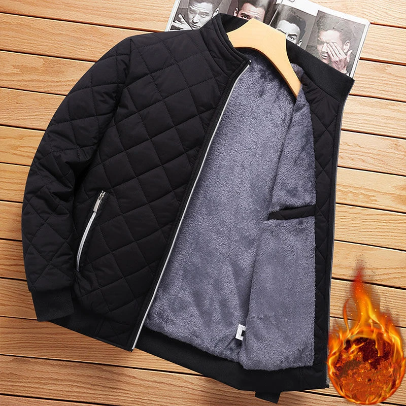 Innerworld Men's Diamond Pattern Bomber Jacket - Slim Fit Fleece Lined Winter Coat - Image 2