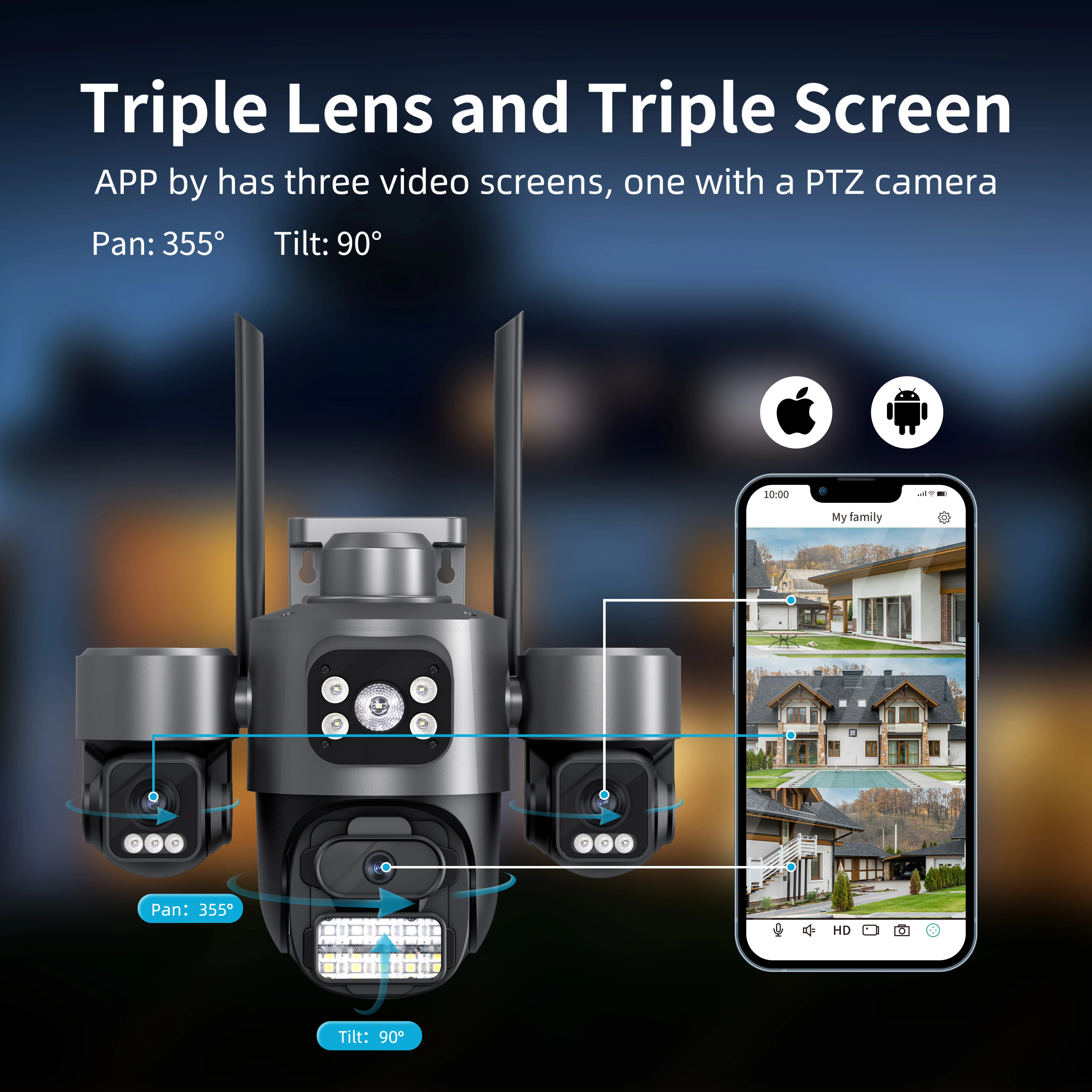Hot Sale iCsee 3 Lens 3 Screen WiFi Camera 360° Auto Tracking Waterproof Outdoor CCTV, WiFi Security Cam ICsee Surveillance - Image 2